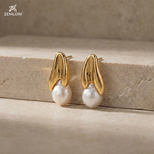 Zemlori™ Luxe Pearl & Gold Sculpted Earrings