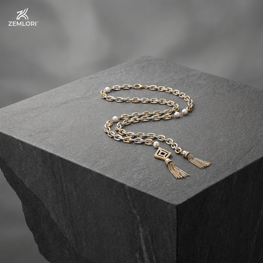 Zemlori™ Elegant Pearl & Gold Tassel Necklace