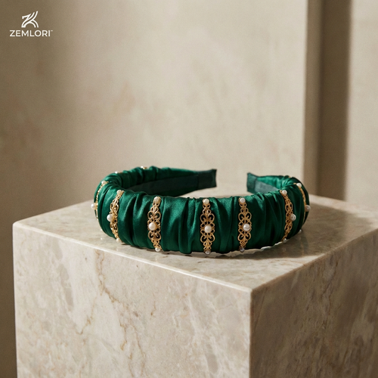 Zemlori™ Luxe Green Satin Headband with Pearl & Gold Accents